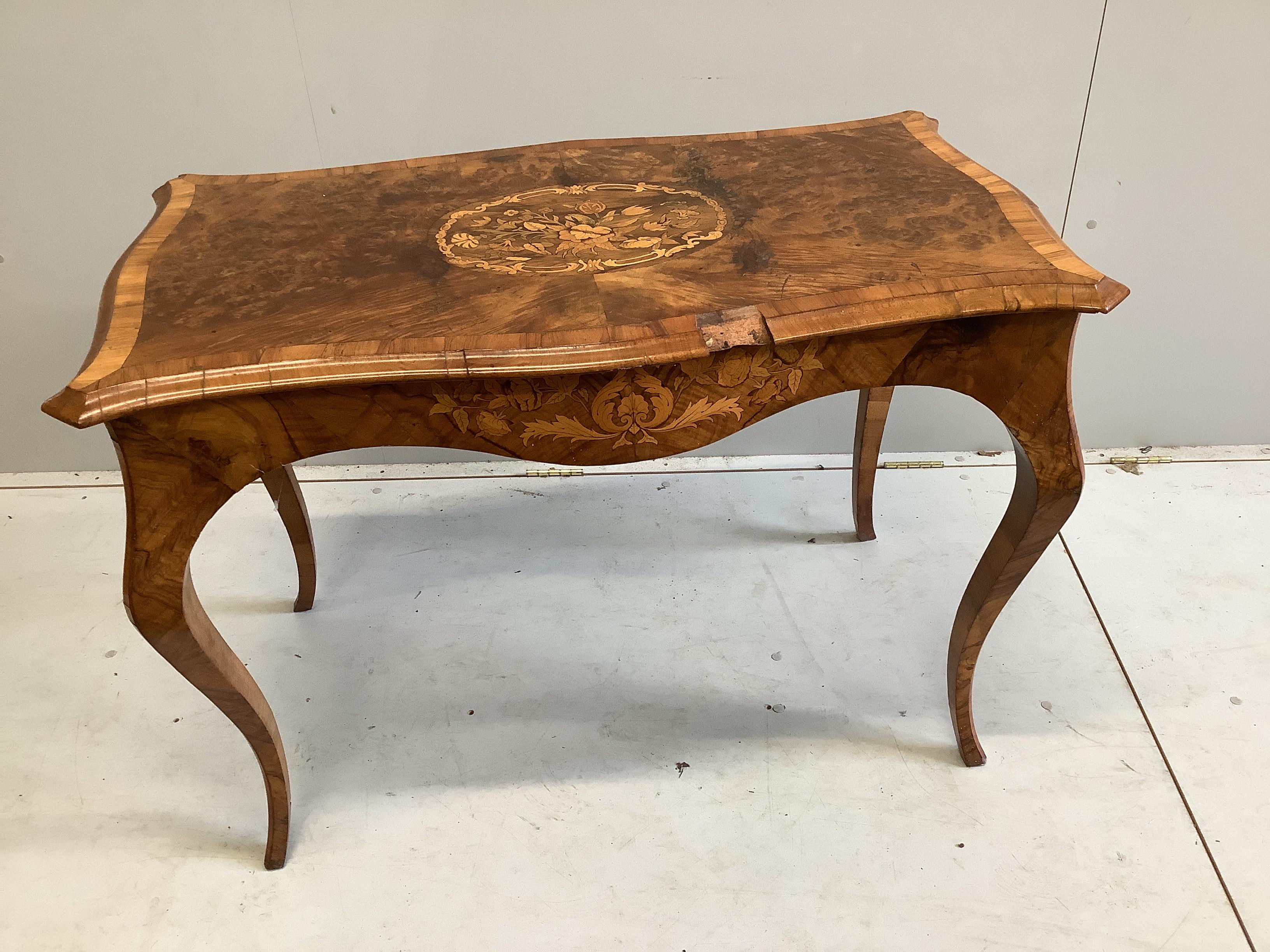 A Victorian marquetry inlaid burr walnut serpentine table, width 104cm, depth 60cm, height 73cm